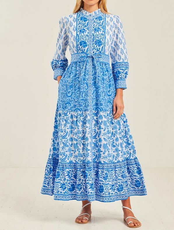 Blue Floral Long Sleeves Maxi Dress