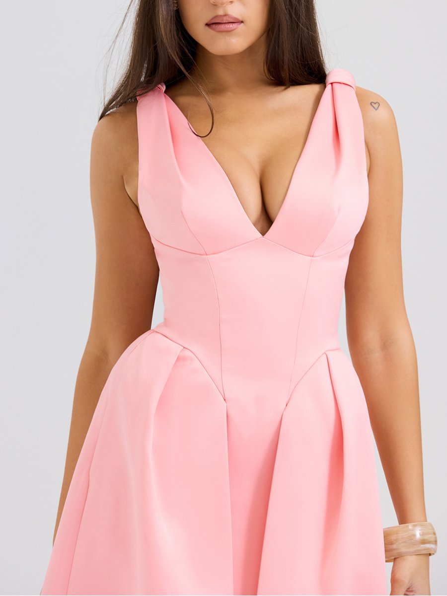 PEACH SATIN PLEATED MIDI DRESS