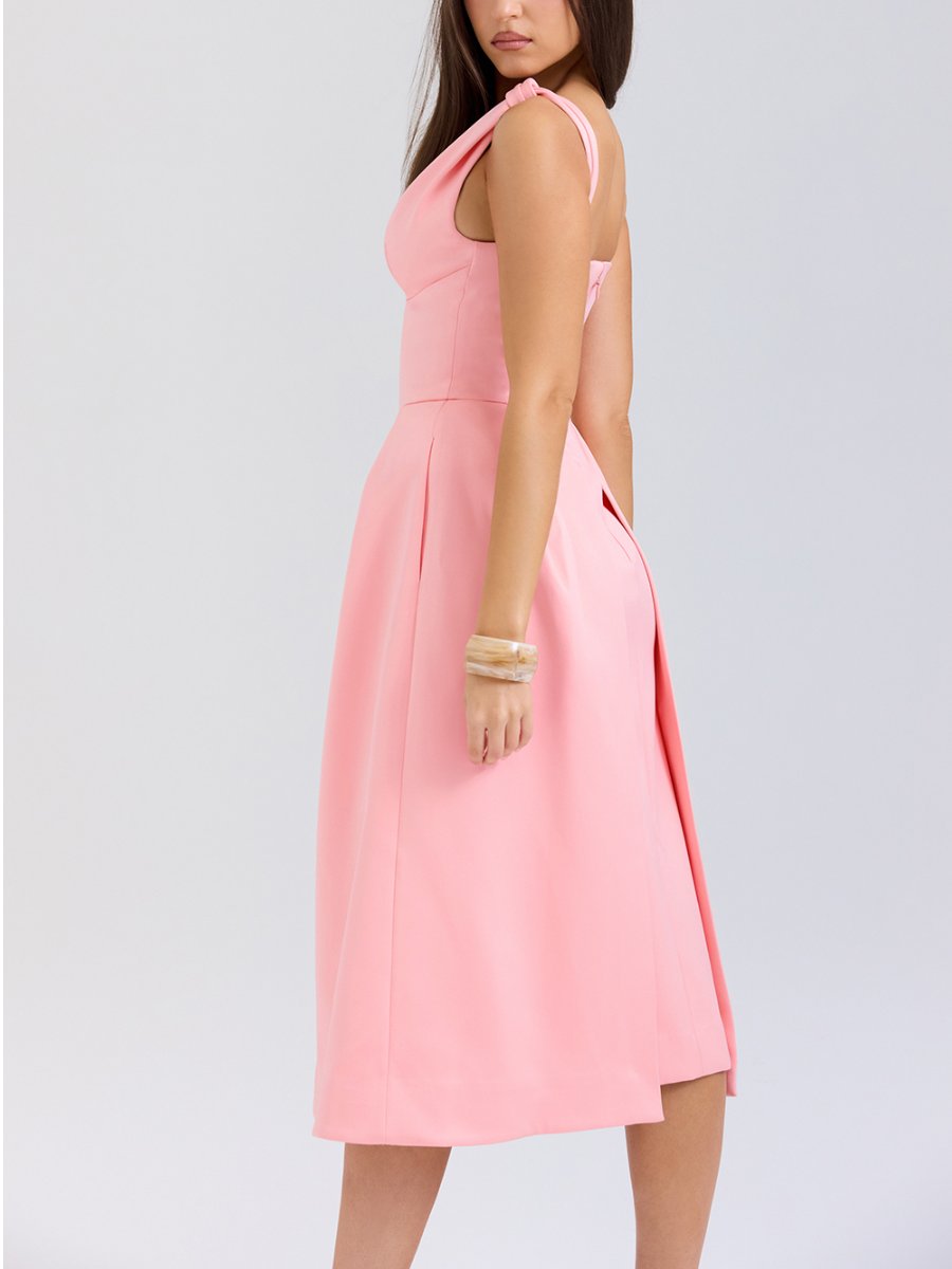 PEACH SATIN PLEATED MIDI DRESS