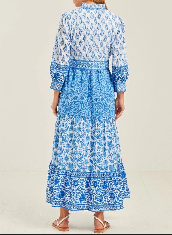 Blue Floral Long Sleeves Maxi Dress