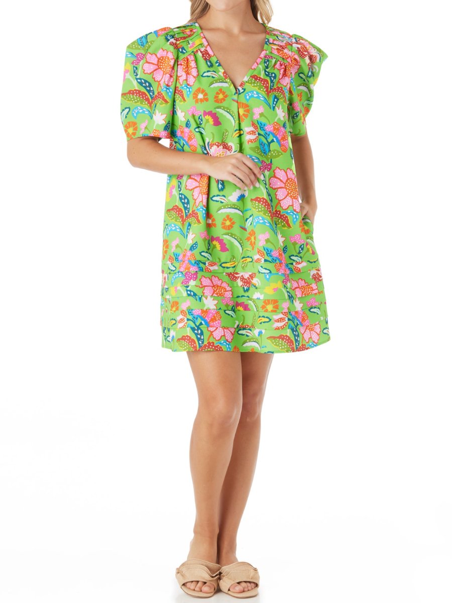 V Neck Puff Sleeve Printed Mini Dress