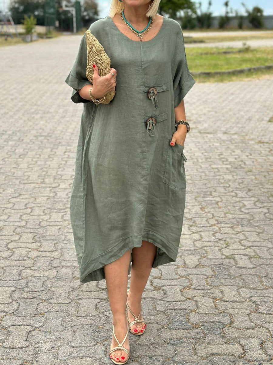 Solid V Neck Tie Up Linen Dress