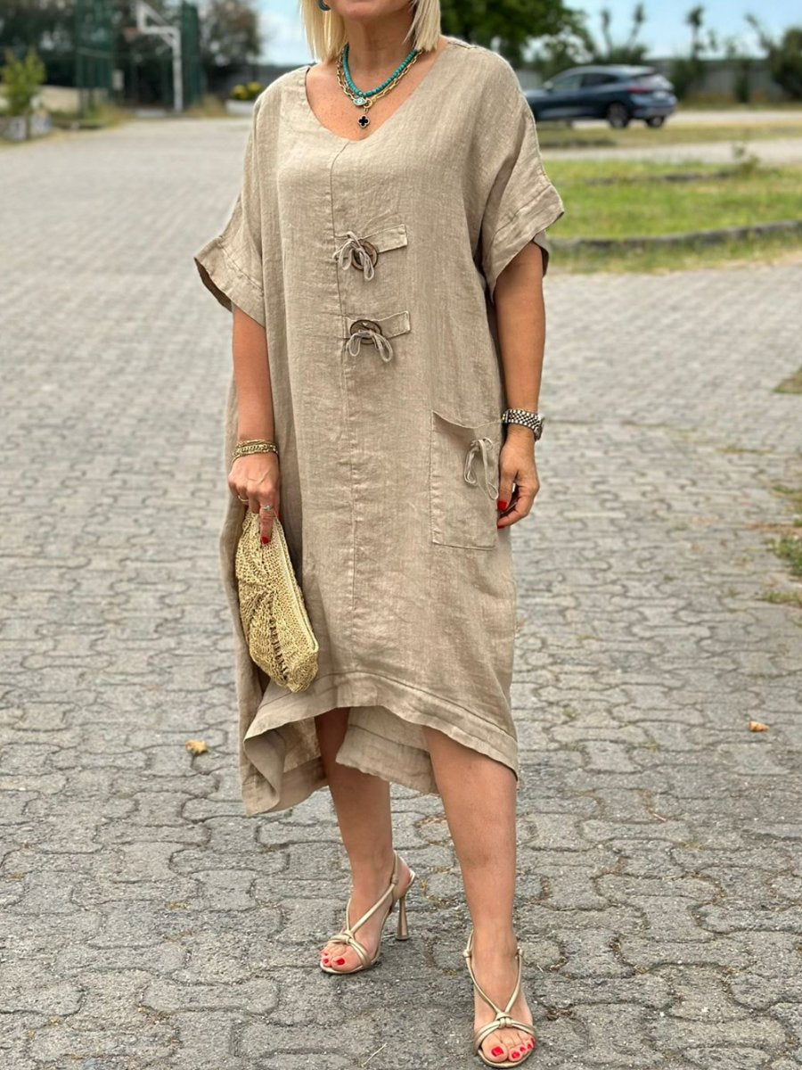 Solid V Neck Tie Up Linen Dress