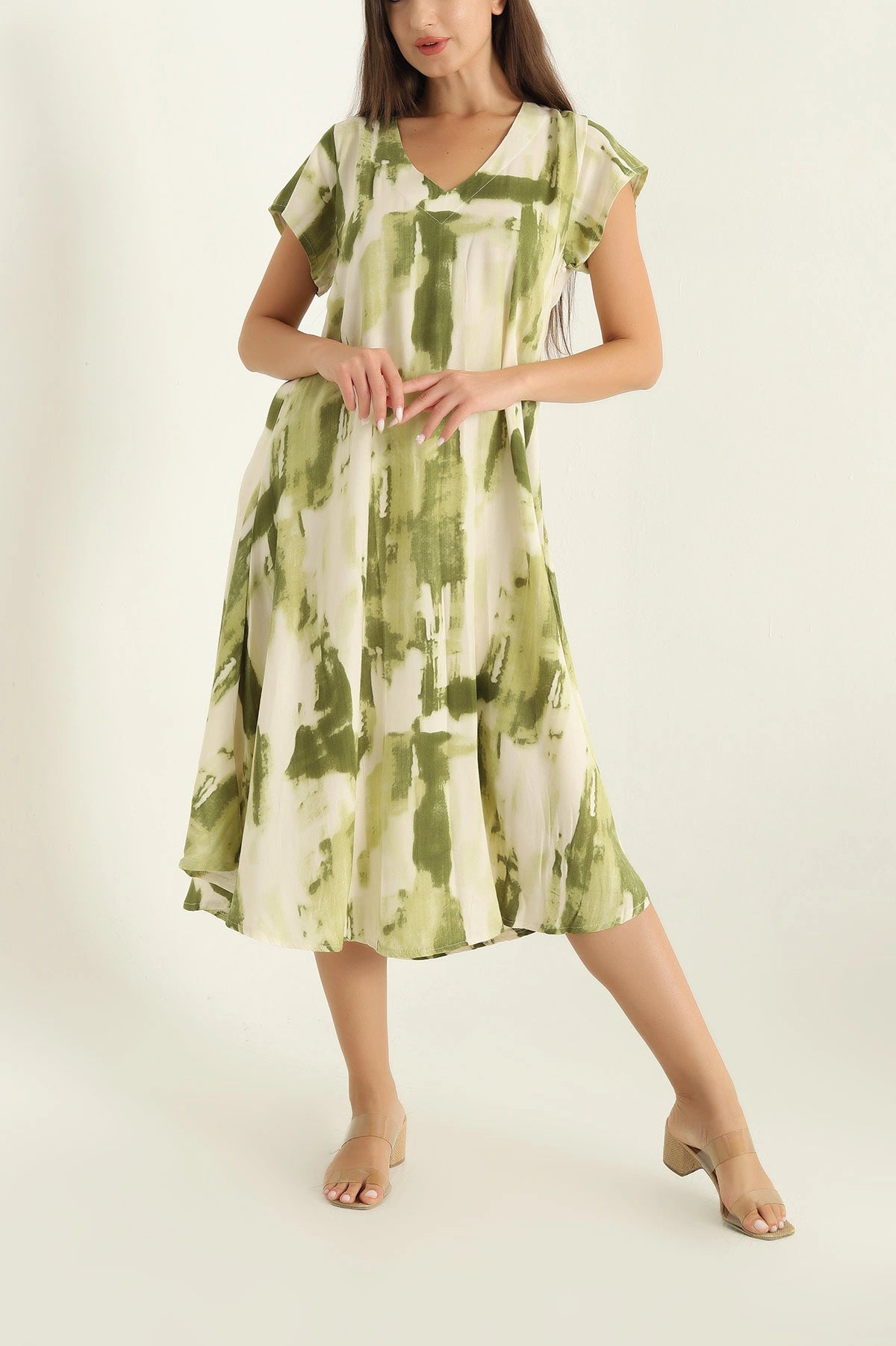 Green V Neck A-Line Dress