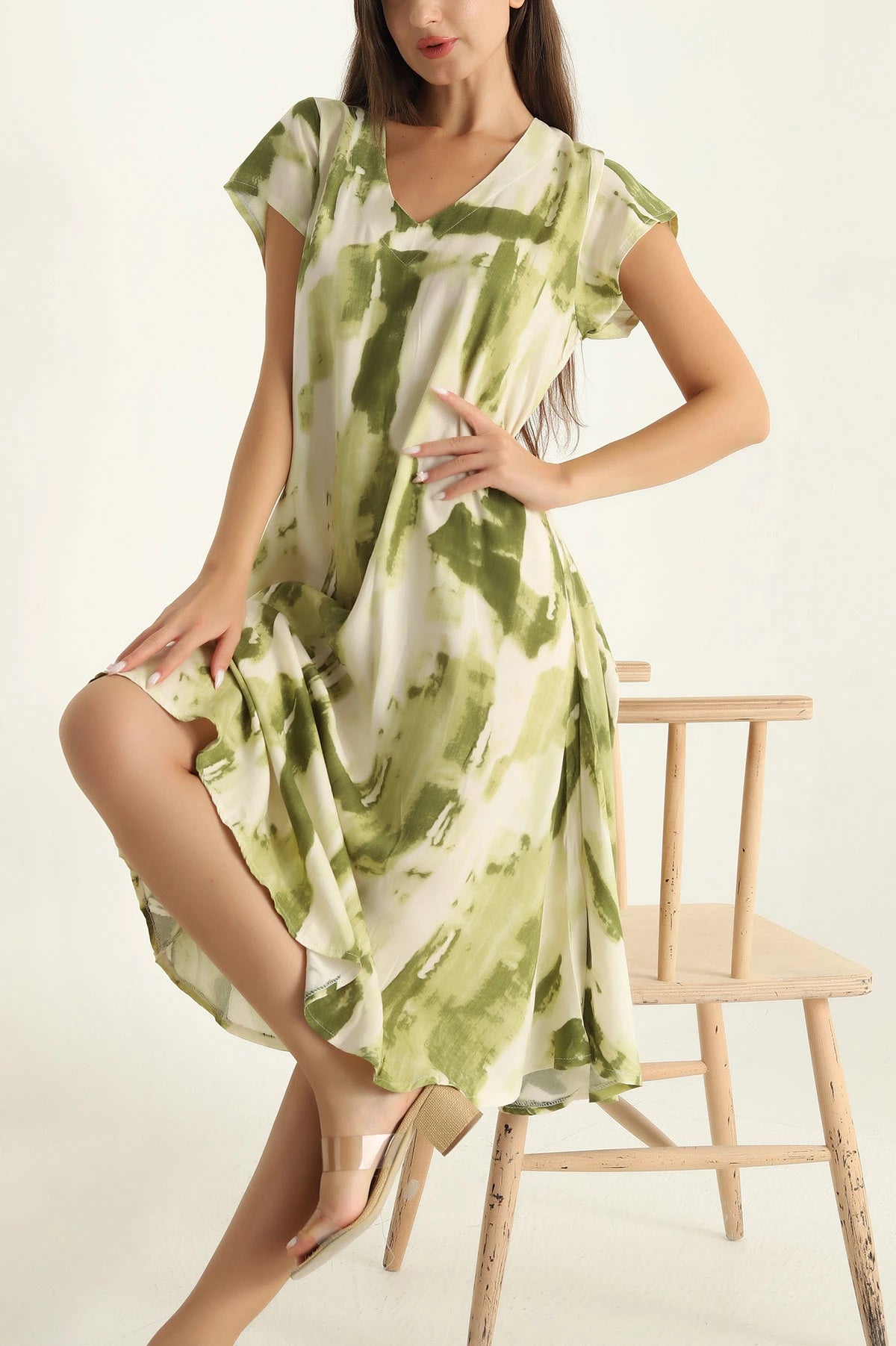 Green V Neck A-Line Dress