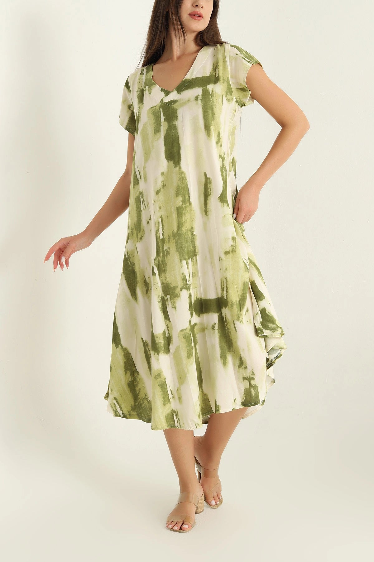 Green V Neck A-Line Dress